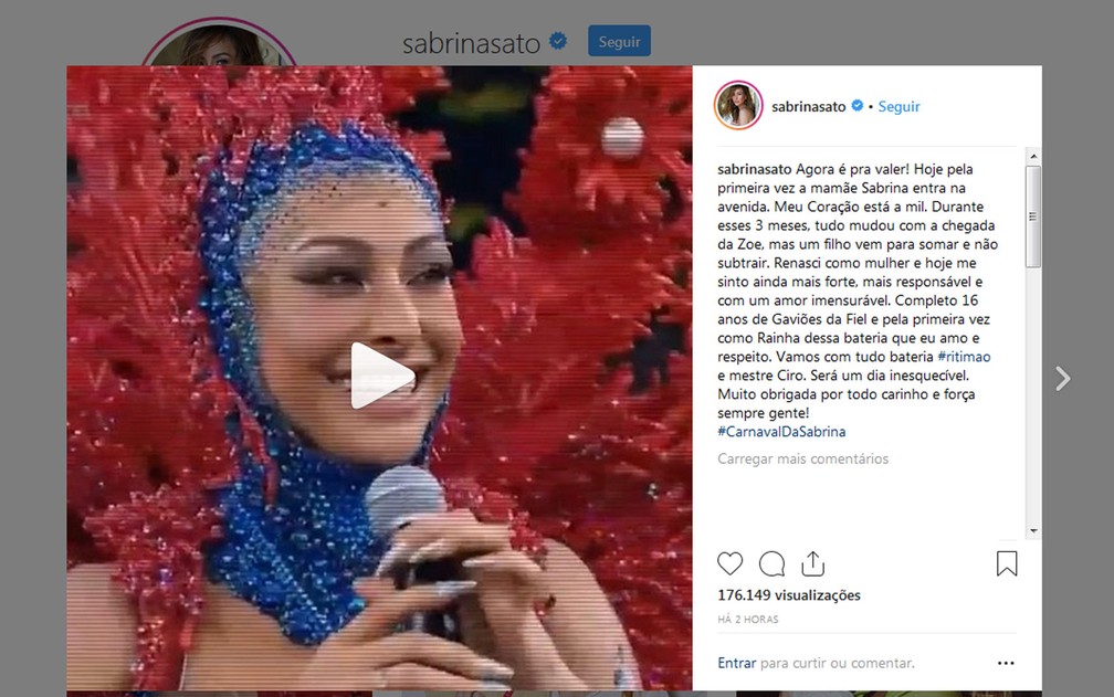 Sabrina Sato posta a expectativa para o primeiro desfile como rainha da Gaviões da Fiel — Foto: Reprodução/Rede Social