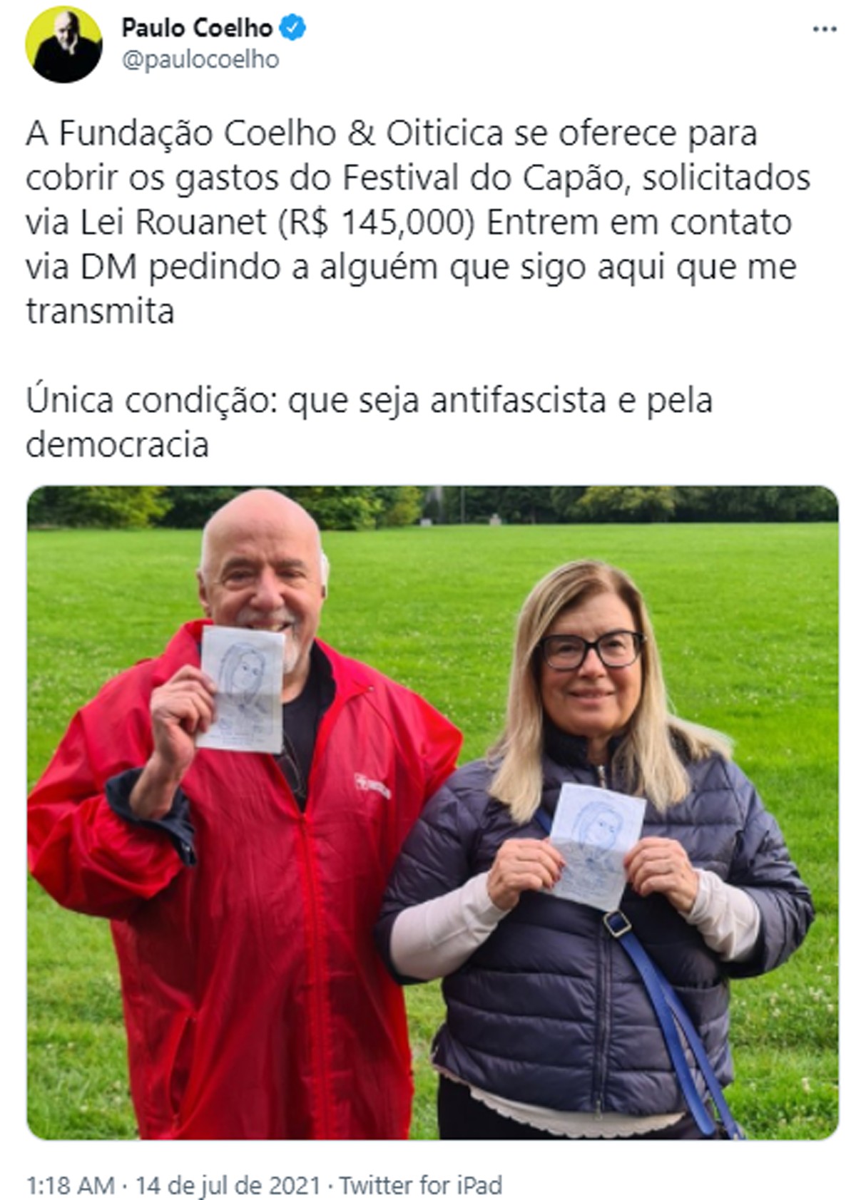 Paulo Coelho e Christina Oiticica se oferecem para cobrri gastos do Festival do Capão (Foto: Reprodução/Twitter)