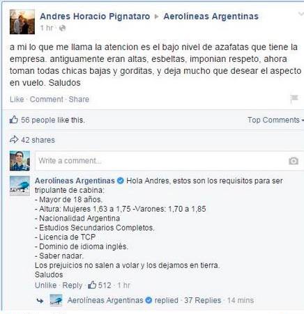 Aerolíneas Argentinas responde a comentário de cliente no Facebook (Foto: Reprodução/Facebook)