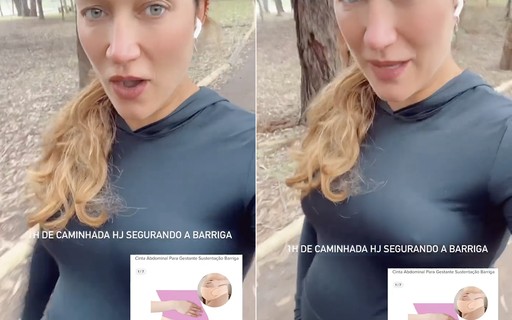 Na reta final da gravidez, Gabriela Pugliesi faz caminhada segurando a barriga