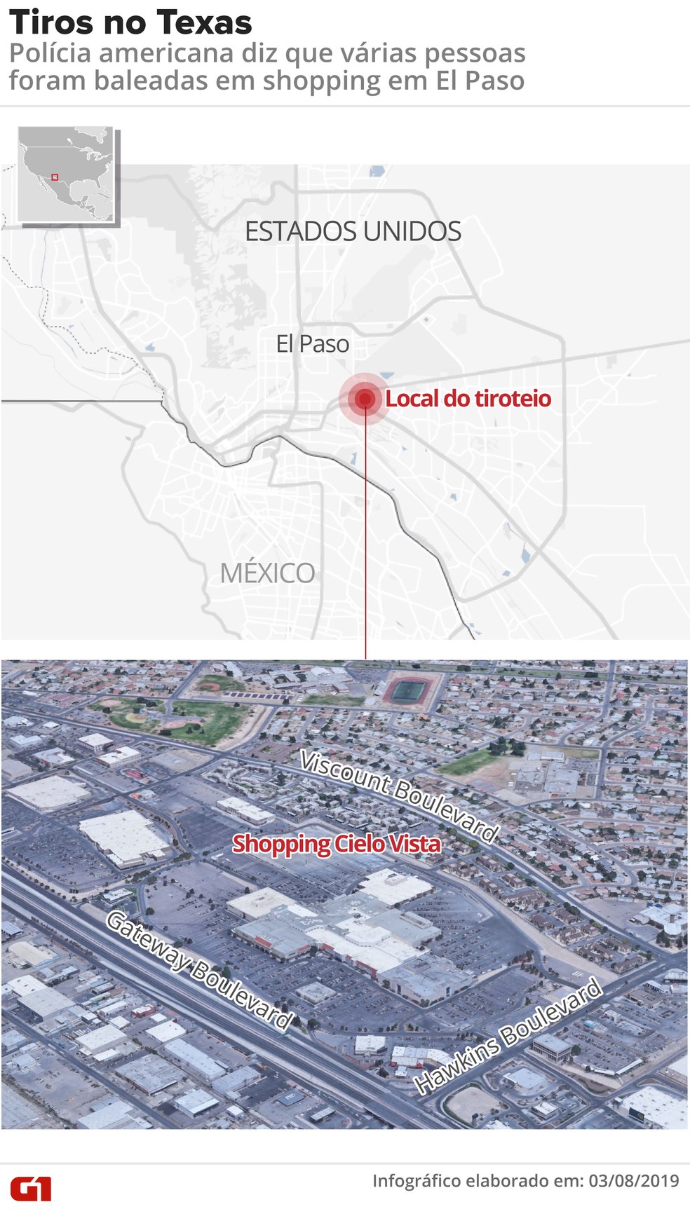 Tiros em El Paso, no Texas, deixam mortos e feridos — Foto: Roberta Jaworski/G1