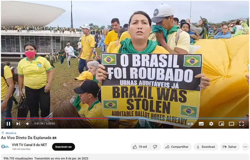 Em live com mais de 900 mil visualizações no canal VV8 no YouTube, bolsonaristas defenderam ato golpista e alegaram sem provas que eleições foram fraudadas — Foto: Reprodução/YouTube