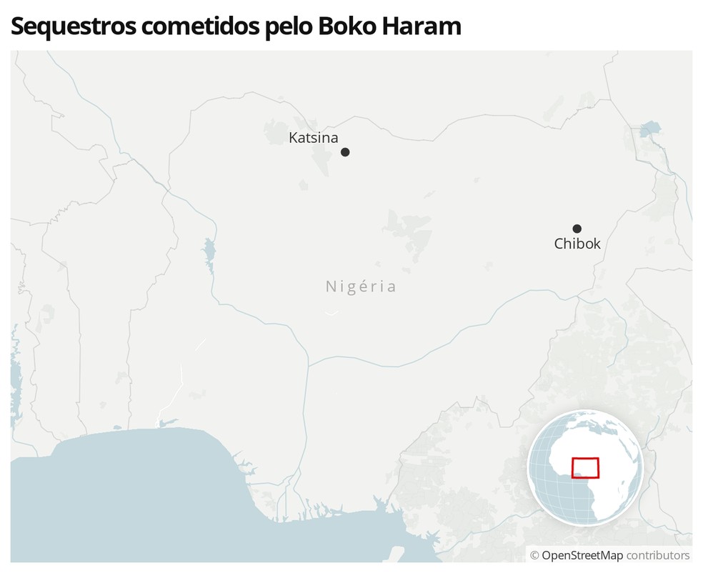 Mapa mostra as cidades onde o Boko Haram sequestrou estudantes em 2020 e 2014 — Foto:  G1