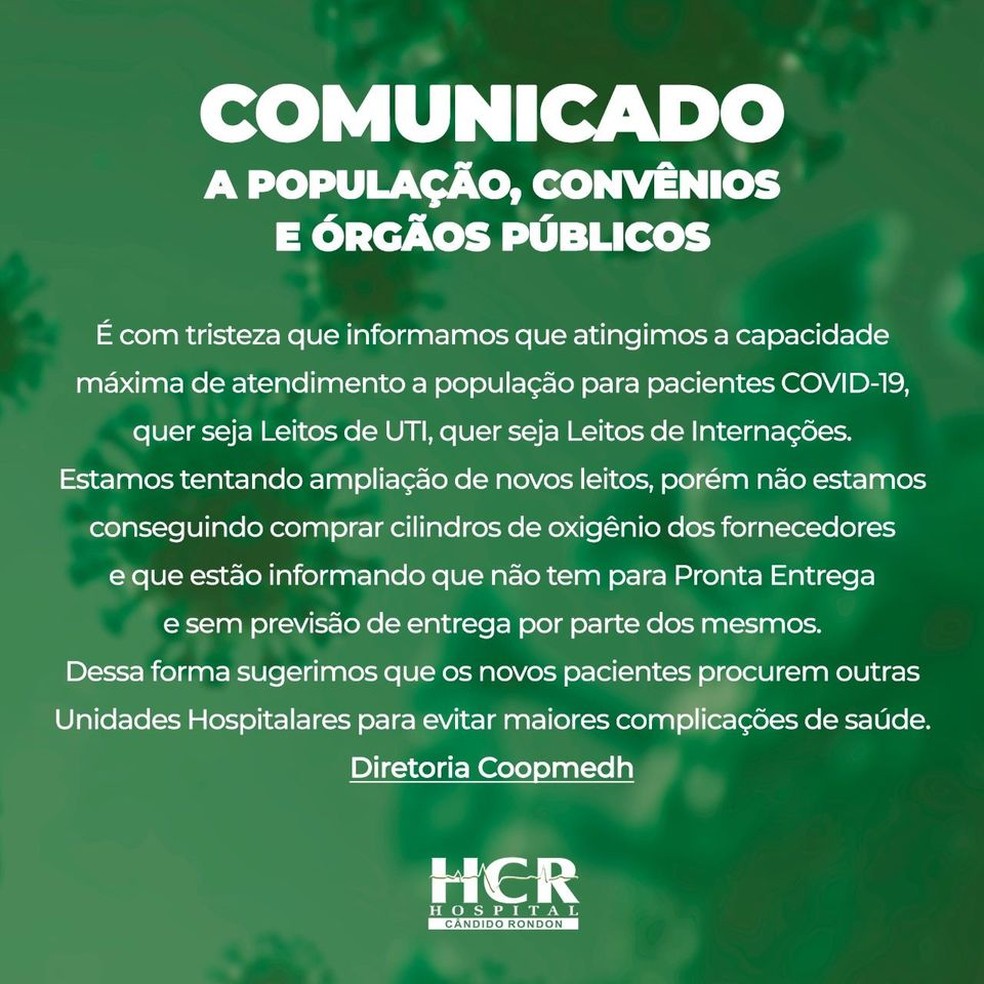 Comunicado do Hospital Cândido Rondon em Ji-Paraná  — Foto: Reprodução/Facebook 