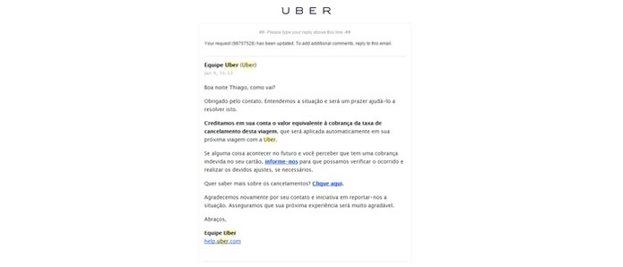 Uber manda e-mail falando sobre o cancelamento (Foto: Reprodução/Thiago Barros)