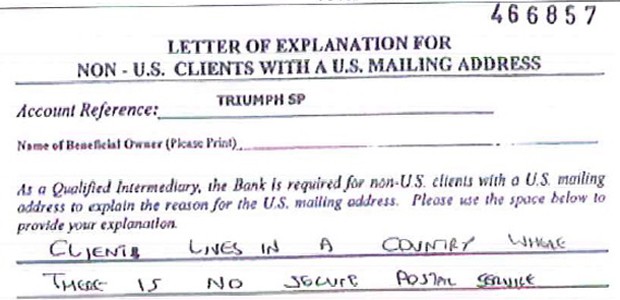 Documento diz que correspondências devem ser enviadas para EUA porque &#39;cliente vive em um país sem serviço postal seguro&#39; (Foto: Reprodução)