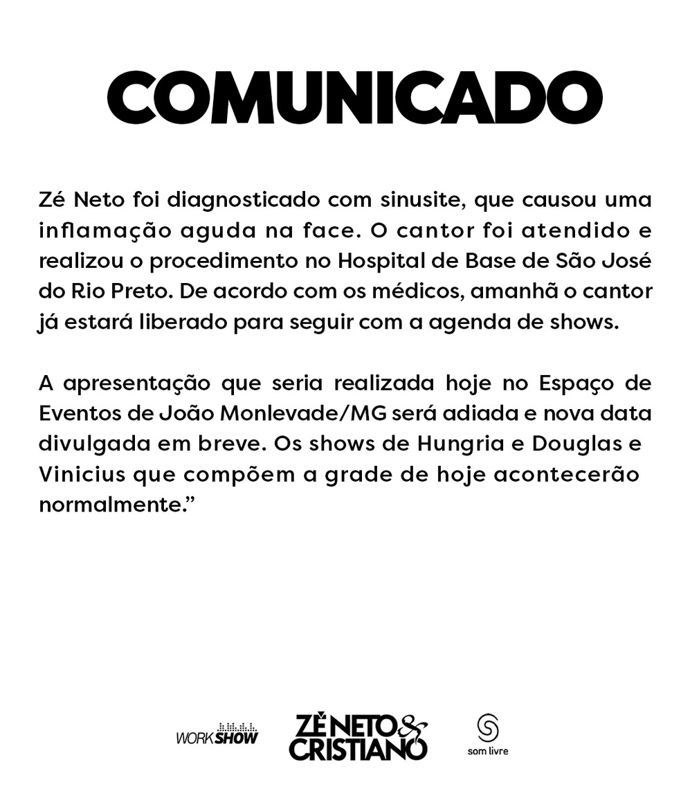 Comunicado oficial da dupla Zé Neto & Cristiano  — Foto: Reprodução/Redes Sociais