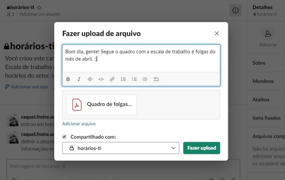 Slack permite adicionar arquivos do dispositivo e de serviços na nuvem como Dropbox e Google Drive — Foto: Reprodução/Raquel Freire