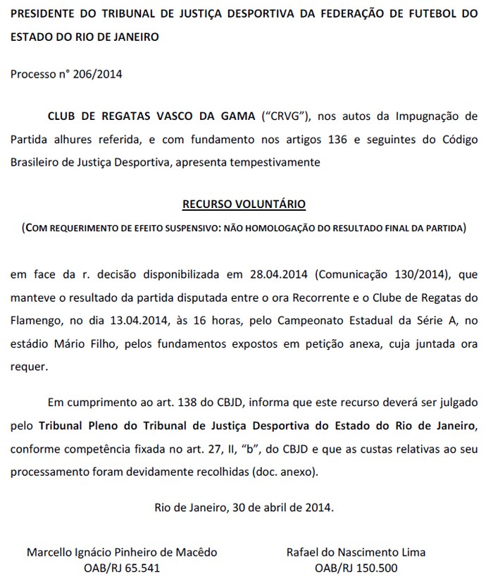 Após decisão do TJD/RJ, Vasco entra com recurso por impugnação da final
