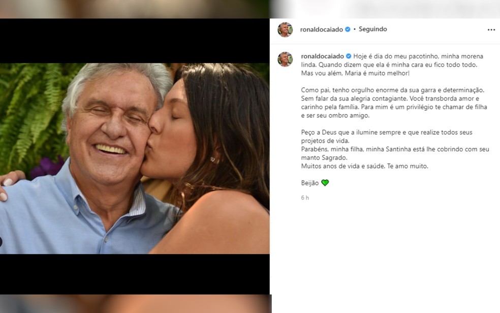 Caiado postou foto dando parabéns para a filha Maria, Goiás — Foto: Reprodução/Instagram