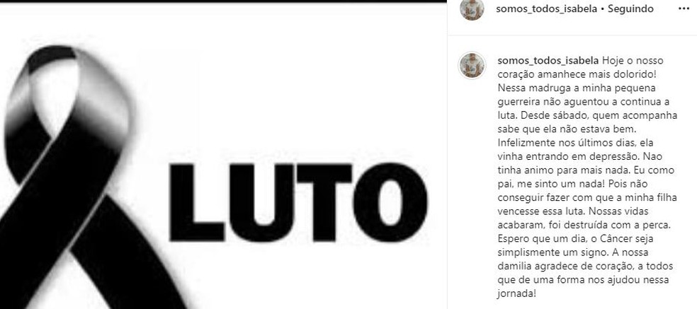 Pai lamentou a morte da filha e agradeceu a ajuda  — Foto: Reprodução/Instagram 