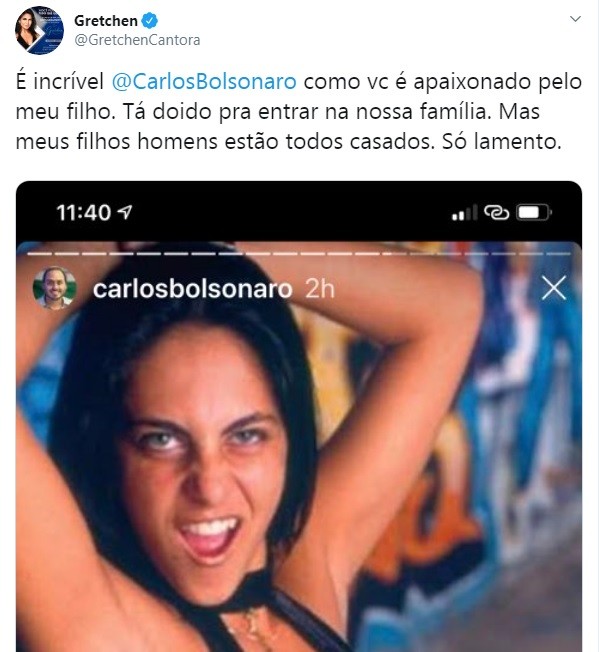 Carlos Bolsonaro posta foto de Thammy e Gretchen rebate: "Você é apaixonado pelo meu filho" (Foto: Reprodução/Twitter)