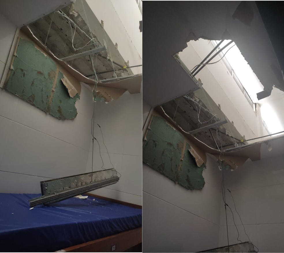 Parte do forro do Hospital de Urgência de Teresina cai após vazamento em encanamento — Foto: Reprodução