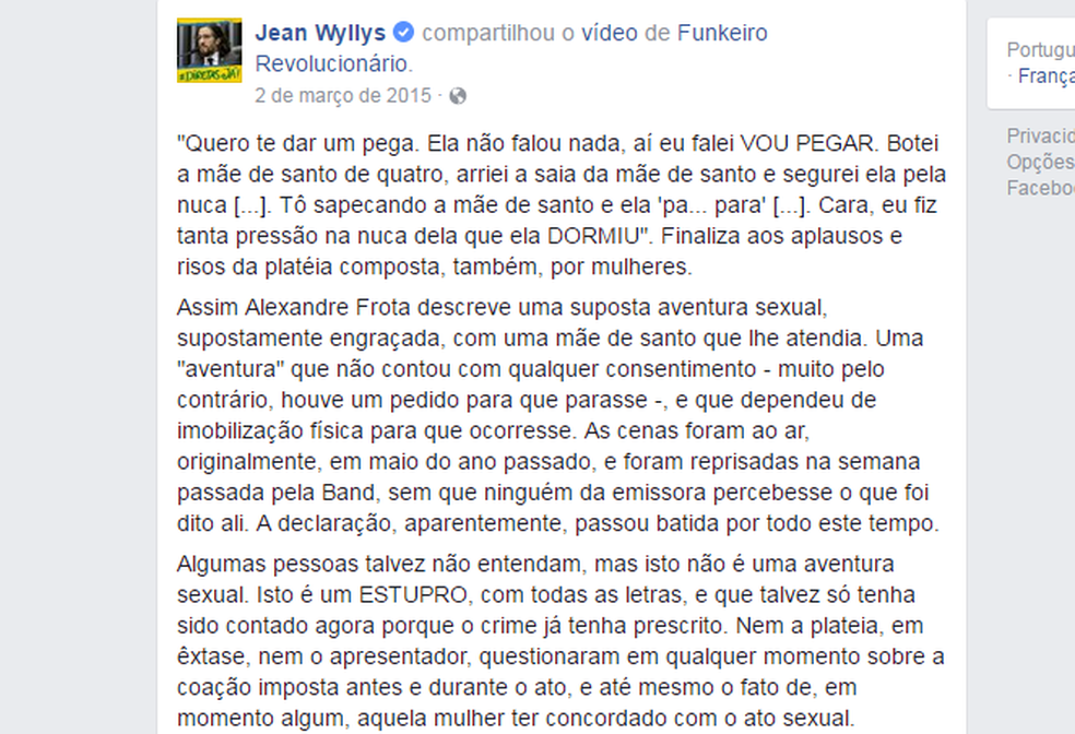 Postagem de Jean Wyllys em marÃ§o de 2015, quando ele criticou a declaraÃ§Ã£o de Frota (Foto: ReproduÃ§Ã£o/Facebook)