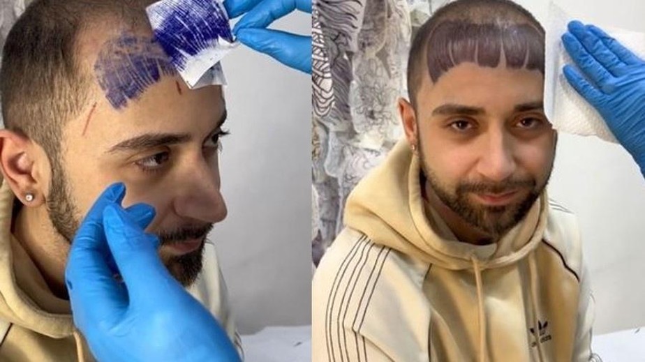 Homem careca tatua franja na testa, em estúdio italiano