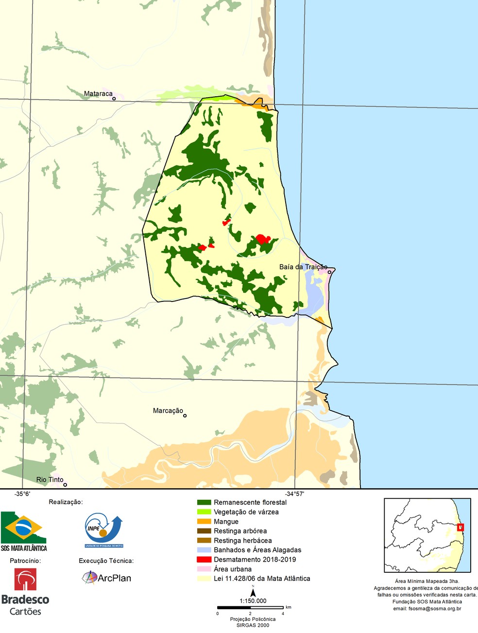 Baía da Traição, na Paraíba, teve 47 hectares de Mata Atlântica desflorestados entre 2018 e 2019 — Foto: Reprodução/Fundação SOS Mata Atlântica