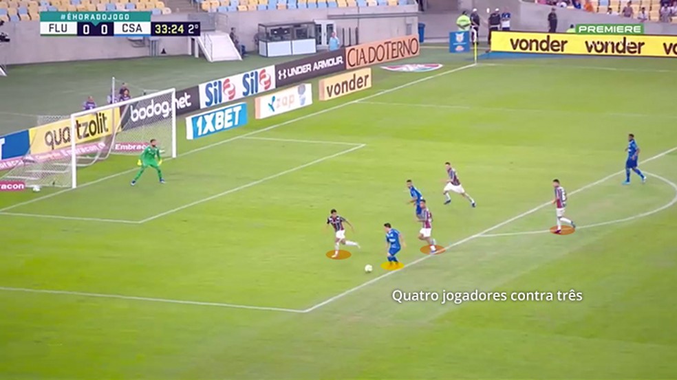 Erro de pressÃ£o na bola, mesmo com vantagem, no gol do CSA â Foto: Leonardo Miranda