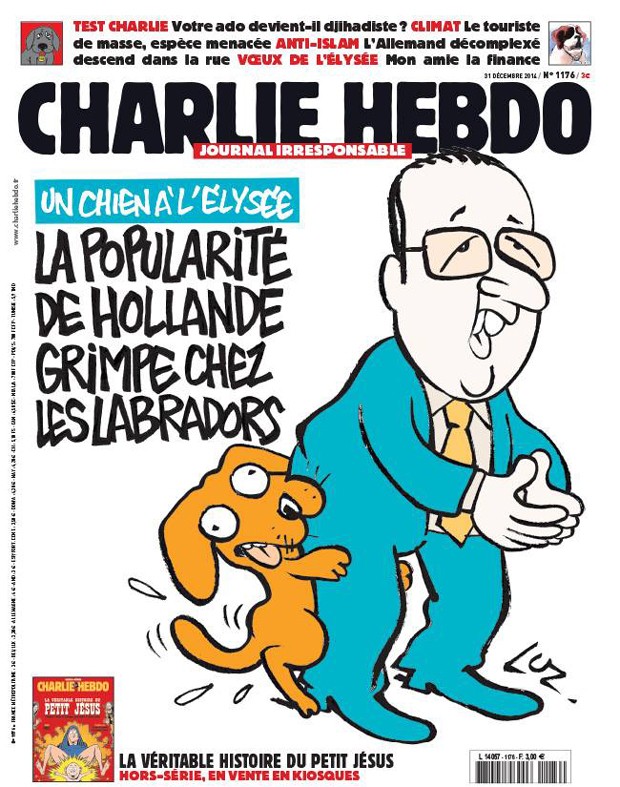Capa da última edição da 'Chalie Hebdo' de 2014 com uma sátira ao presidente francês Fraçois Hollande (Foto: Reprodução/Facebook Charlie Hebdo)