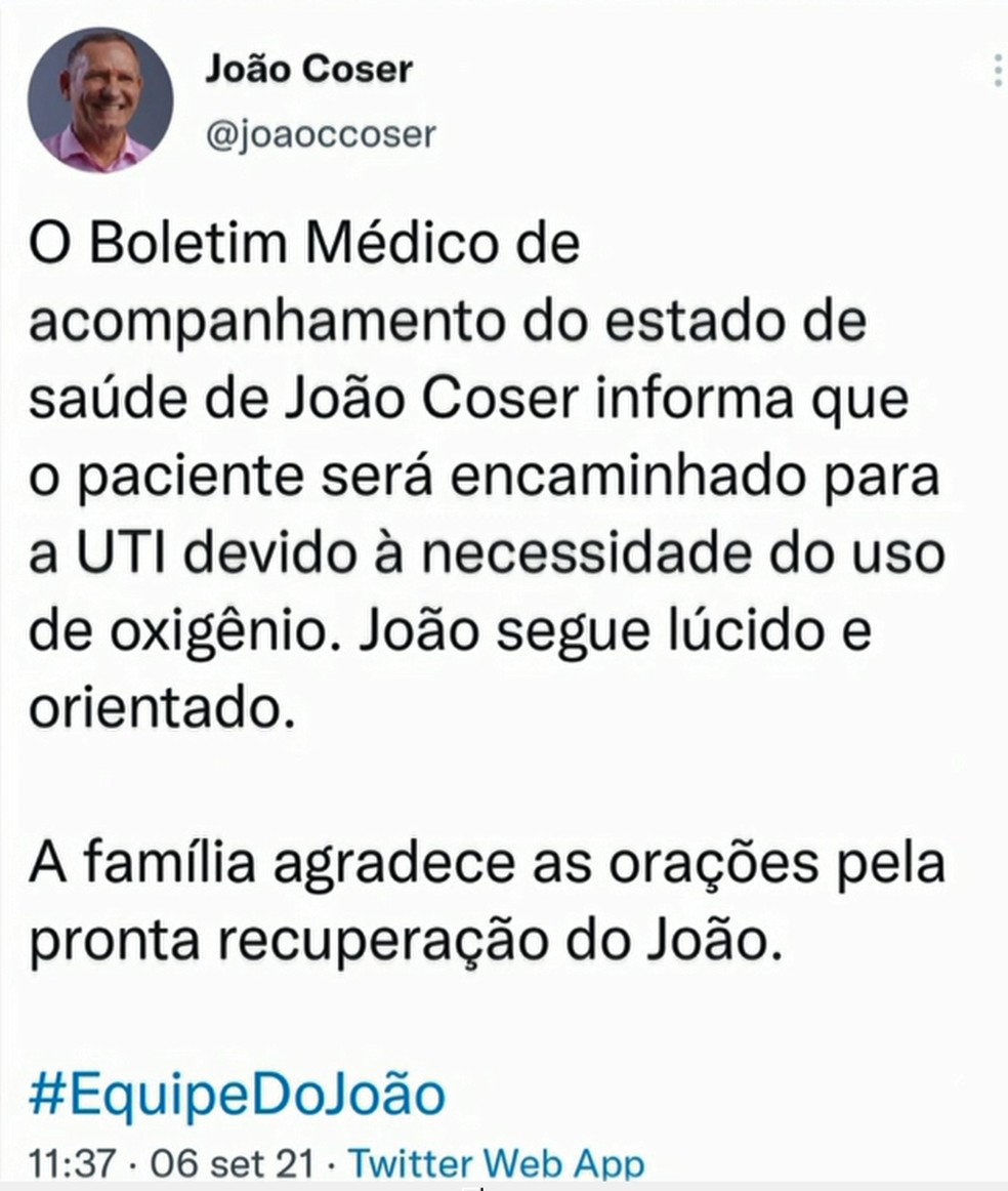 Comunicado divulgado pela equipe de João Coser nas redes sociais — Foto: Reprodução/Twitter João Coser