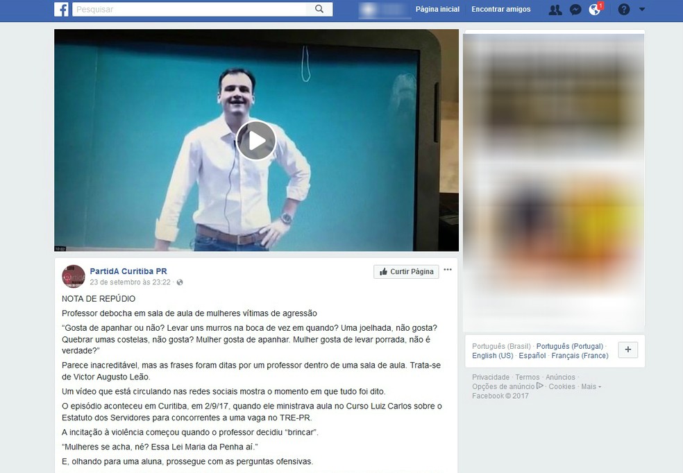 Vídeo do professor foi postado em redes sociais (Foto: Reprodução/Facebook)