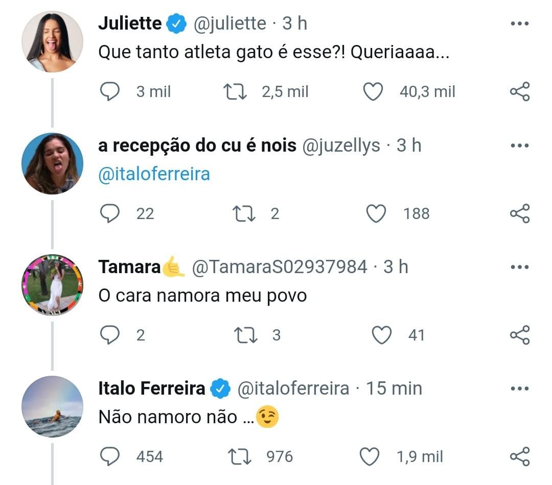 Surfista olímpico Ítalo Ferreira e Juliette trocam mensagens no Twitter (Foto: Reprodução/Twitter)