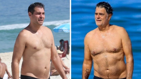 Galãs na praia! Thiago Lacerda e Eduardo Moscovis se refrescam em dia de calor no Rio de Janeiro