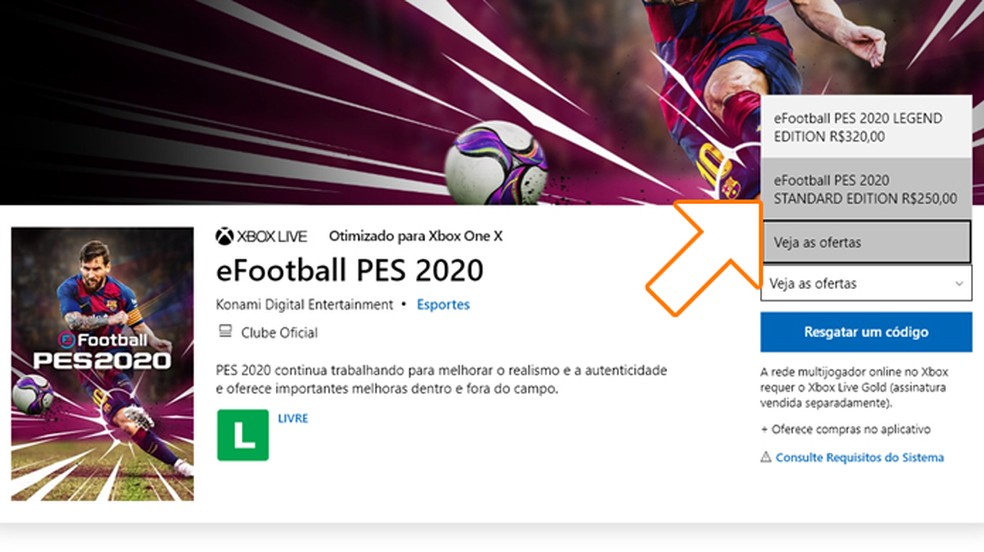 Na página de PES 2020 na Xbox Live Marketplace selecione a "Standard Edition" — Foto: Reprodução/Rafael Monteiro