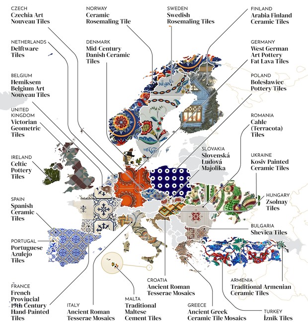 Azulejos que representam os países da Europa (Foto: QS Supplies / Divulgação)