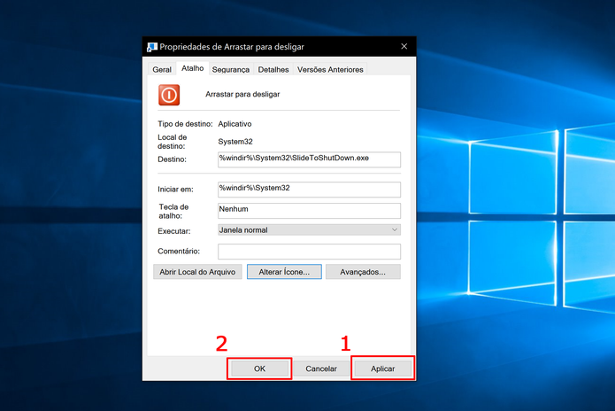 Clique em aplicar para mudar a aparência do ícone de desligar o Windows 10 (Foto: Reprodução/Elson de Souza)