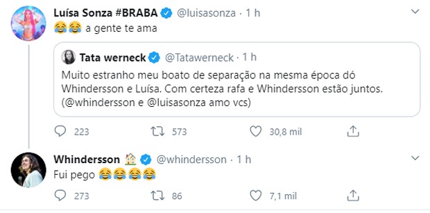Luísa Sonza e Whindersson Nunes respondem a tuíte de Tatá Werneck (Foto: Reprodução Instagram)
