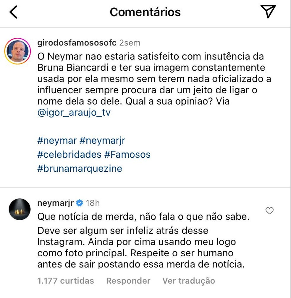 Coment&aacute;rio de Neymar &mdash; Foto: Instagram