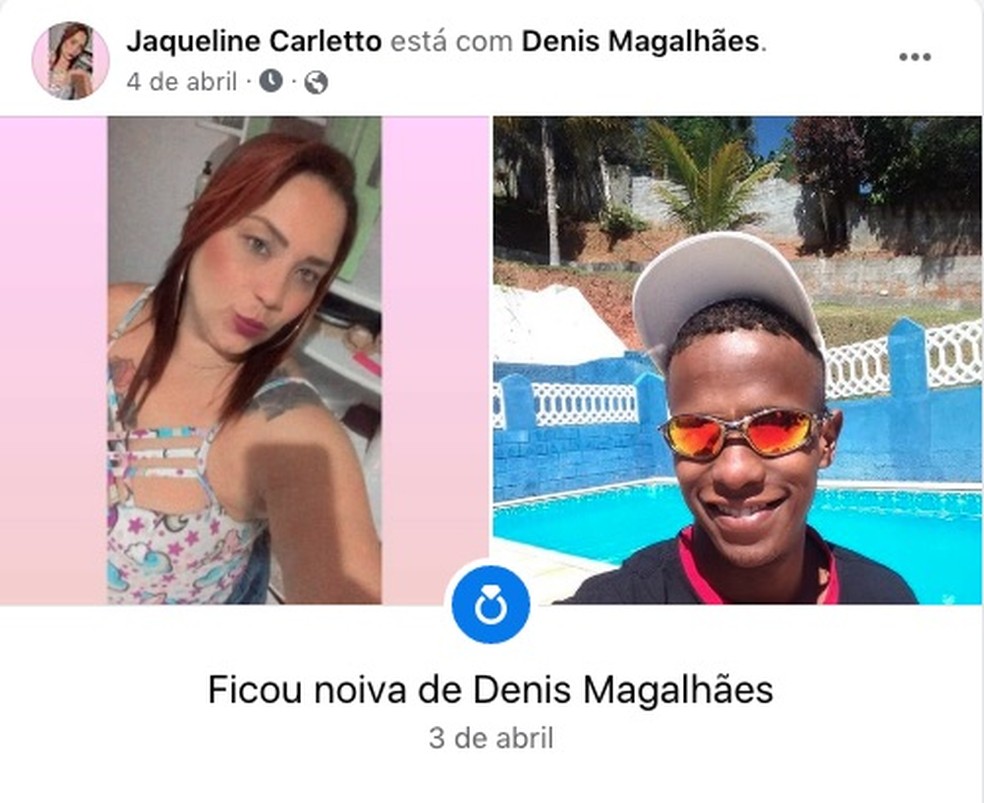 A publicação sobre o noivado do casal Jaqueline Carletto, de 29 anos, e Denis Magalhães, de 31 anos, mortos na Zona Leste de SP. — Foto: Reprodução/Facebook
