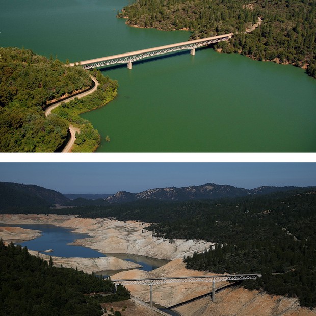 Foto mostra ponte Enterprise, acima do lago Oroville, em 2011 e agora, depois de três anos de seca na região (Foto: Getty Images)