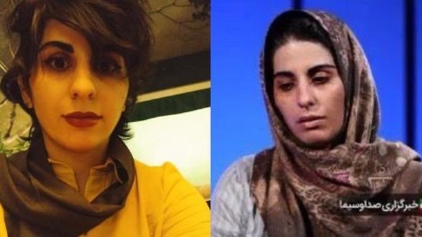 Sepideh Rashno antes e durante a sua 'confissão' na tv estatal iraniana (Foto: Reprodução Instagram @centerforhumanrights/)
