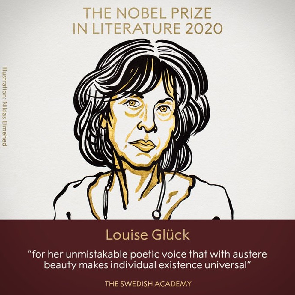 Ilustração de Louise Glück, vencedora do Prêmio Nobel de Literatura 2020 — Foto: Nobel