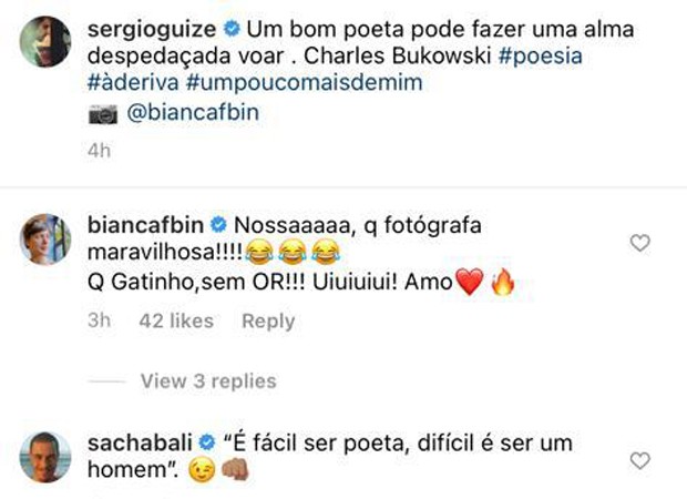 O comentário de Bianca Bin em post de Sergio Guizé (Foto: Reprodução Instagram)