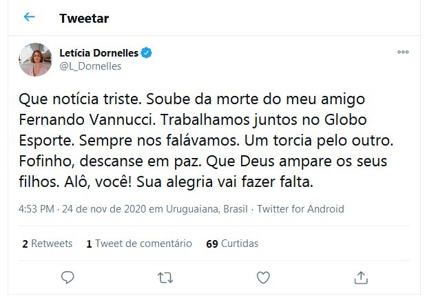 Leticia Dornelles lamenta morte de Fernando Vannucci (Foto: Reprodução/Twitter)
