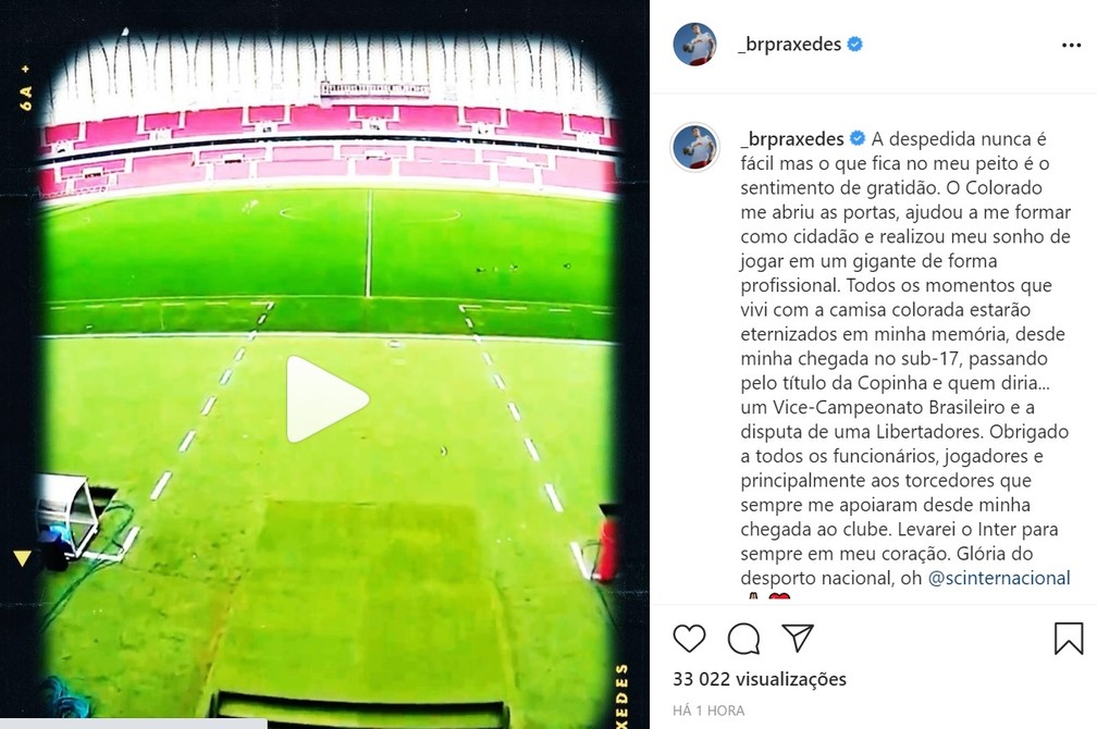 Bruno Praxedes se despede do Internacional — Foto: Reprodução/Instagram