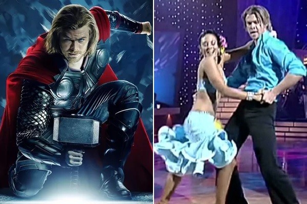 O ator Chris Hemsworth como o herói Thor (esquerda) e em participação no reality show Dancing with the Stars na Austrália (Foto: Divulgação/Reprodução)