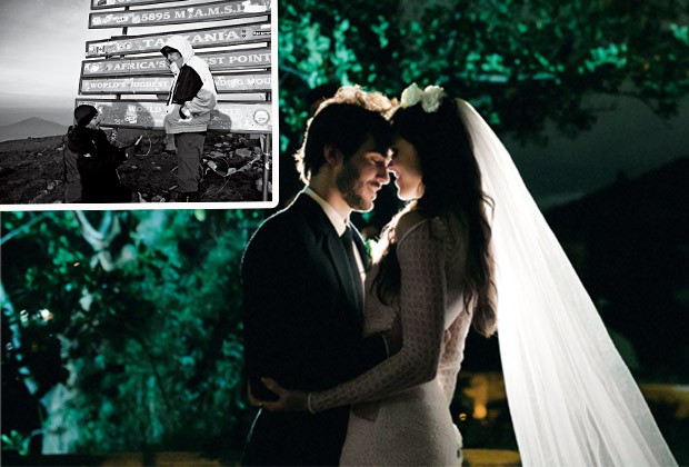 Camila e o adminstrador de empresas Carlos de Barros se casaram no Rio, em 2014. No detalhe, o momento do pedido a quase 6 mil metros de altitude, no Kilimanjaro (Foto: Túlio Thomé / Arquivo pessoal)