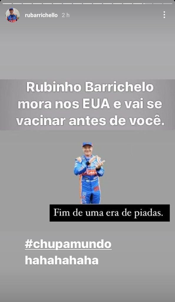 Rubinho Barrichello faz piada com próprio meme e diz que vai chegar na frente na vacina contra a Covid-19 (Foto: Reprodução/Instagram)