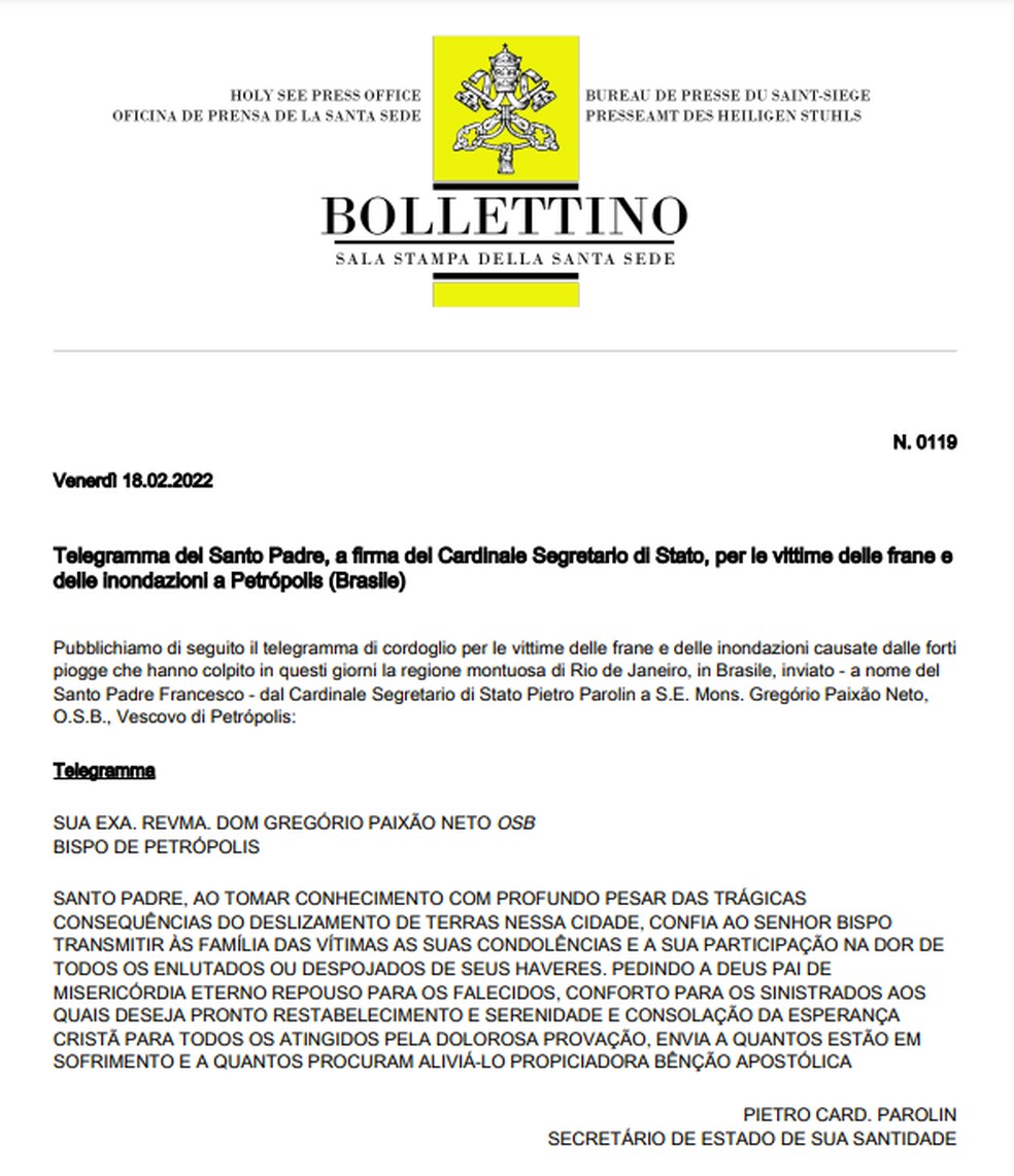 Boletim da Santa Sé com telegrama enviado ao cardeal de Petrópolis em solidariedade às vítimas da tragédia — Foto: Reprodução/Vaticano