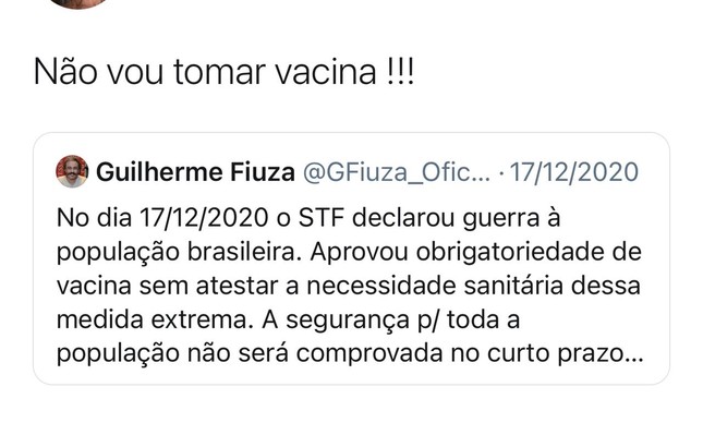 Em postagem, Mara Pezzino afirma que não vai se vacinar