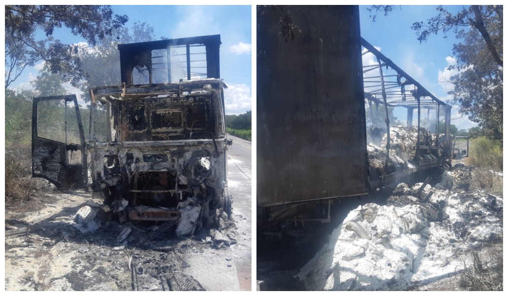 Carreta carregada com amido de milho pega fogo na BR-365 e fica destruída 