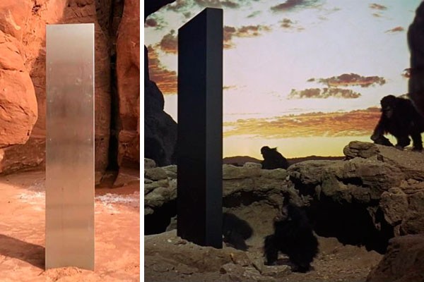 À esquerda, o objeto metálico encontrado e à direita, cena de 2001: Uma Odisseia no Espaço (Foto: divulgação)