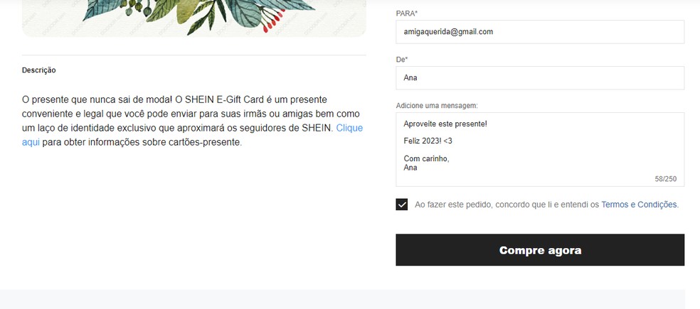 É possível escrever mensagem para enviar junto ao gift card da Shein — Foto: Reprodução/Shein