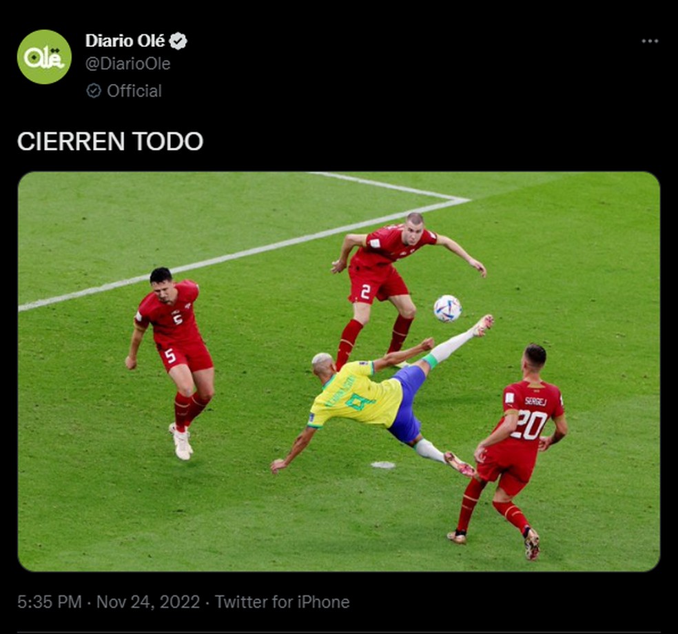 Jornal Olé, da Argentina, se rende a golaço de Richarlison — Foto: Reprodução