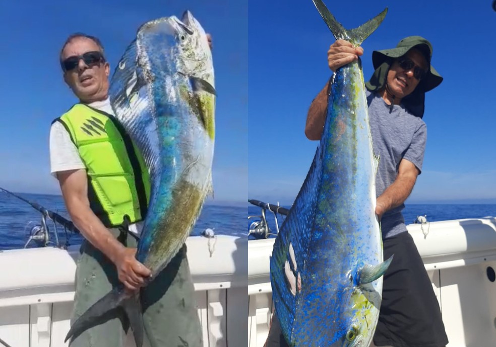 Dupla pescou peixes com mais de 1,20m de comprimento e 16kg cada (José à esq. e Gilberto à dir.) — Foto: Arquivo Pessoal