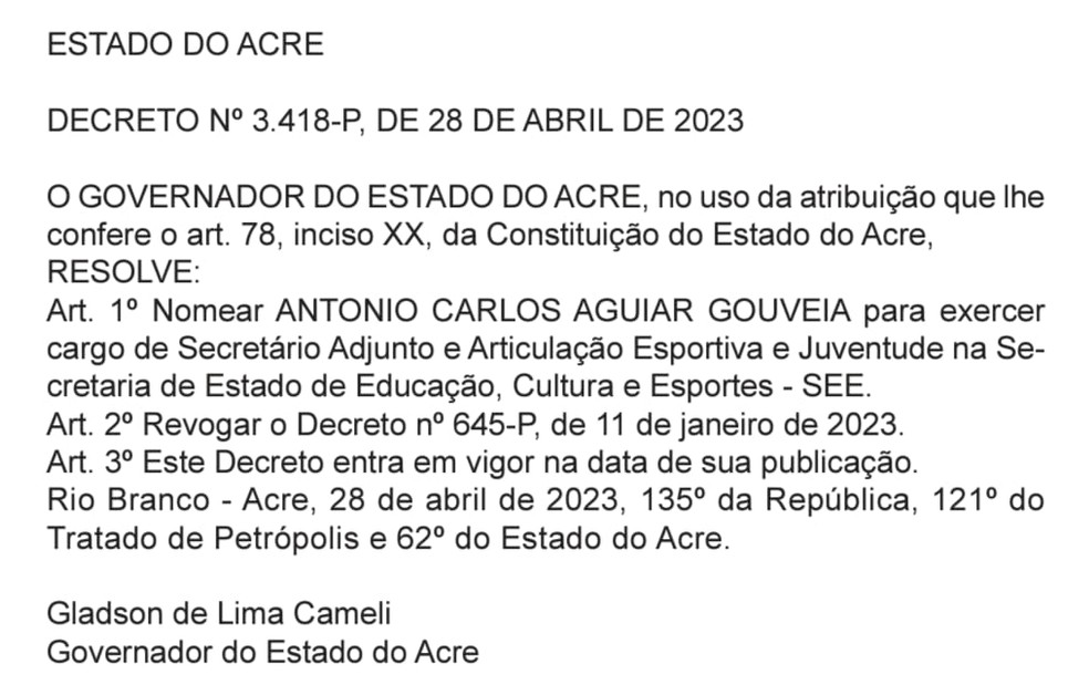 Carlão é nomeado secretário adjunto e articulação esportiva e juventude do Acre — Foto: Reprodução/DOE