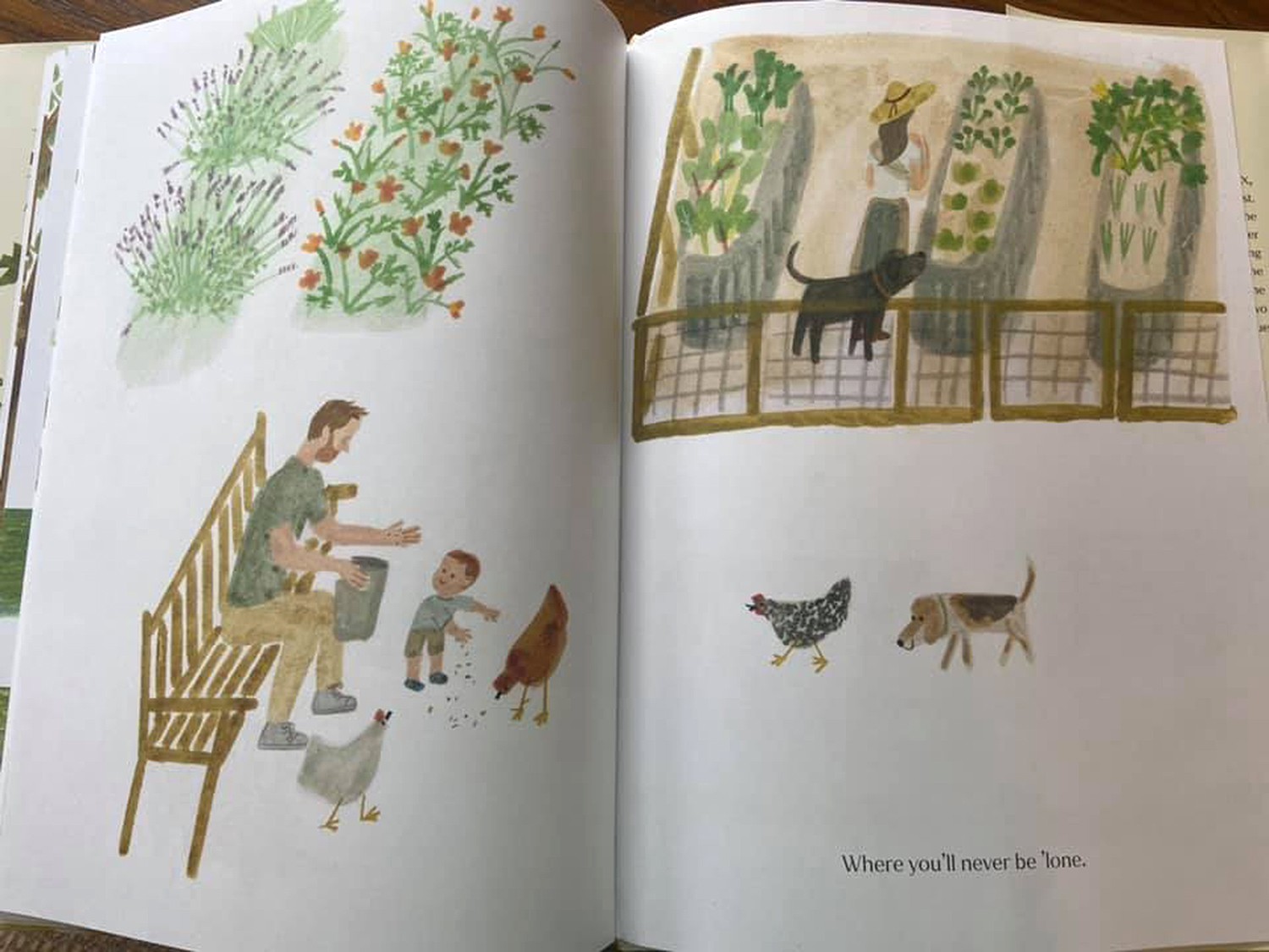 Uma das ilustrações de "The Bench" retrata Harry, Meghan, os filhos e os animais de estimação da família (Foto: Divulgação)